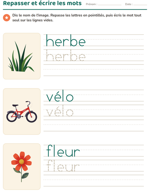 Aperçu de la fiche Écriture des mots avec Printemps pour École maternelle (grande section, 5-7 ans)