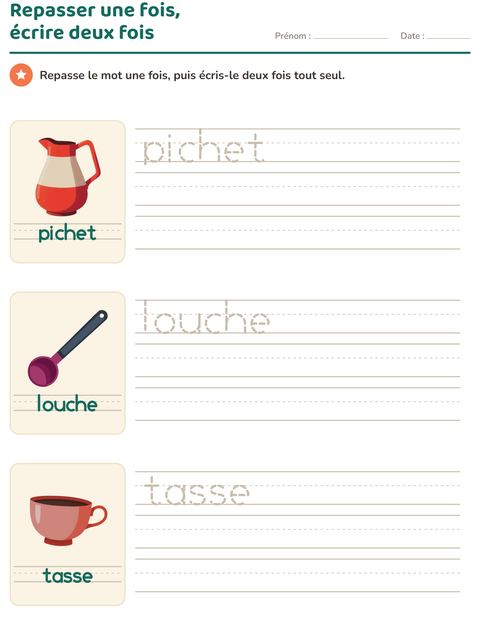 Aperçu de la fiche Écriture des mots avec Ustensiles de cuisine pour École maternelle (grande section, 5-7 ans)