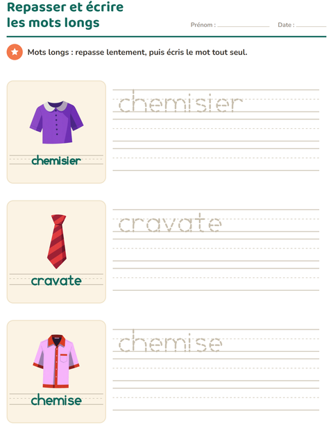 Aperçu de la fiche Écriture des mots avec Vêtements pour École maternelle (grande section, 5-7 ans)