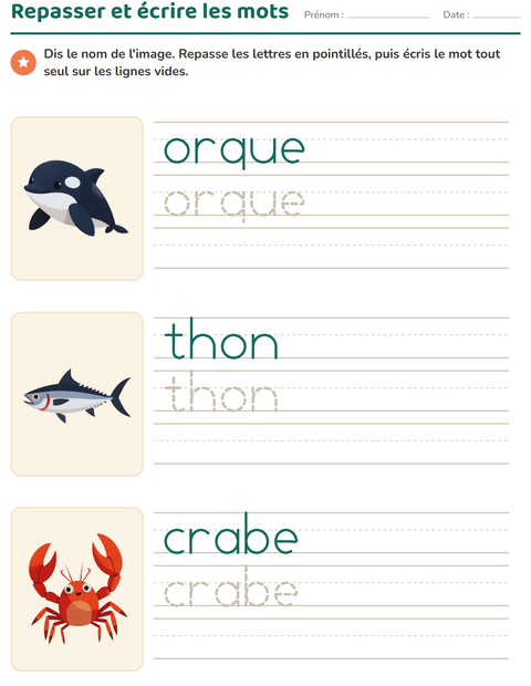 Aperçu de la fiche Écriture des mots avec Vie océanique pour École maternelle (grande section, 5-7 ans)