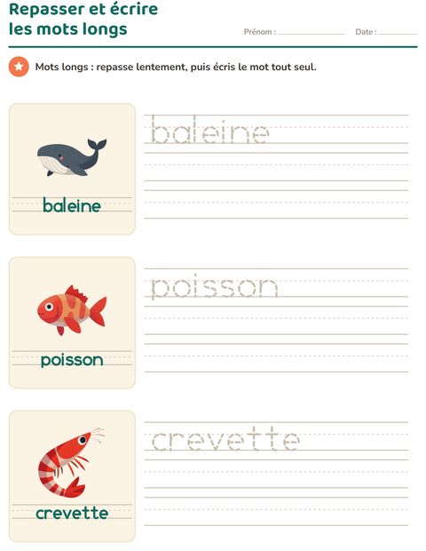 Aperçu de la fiche Écriture des mots avec Vie océanique pour École maternelle (grande section, 5-7 ans)