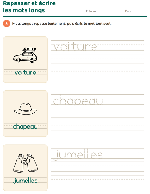 Aperçu de la fiche Écriture des mots avec Voyages et Vacances NB pour École maternelle (grande section, 5-7 ans)