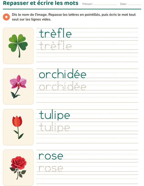 Aperçu de la fiche Écriture des mots avec Fleurs pour École maternelle (grande section, 5-7 ans)
