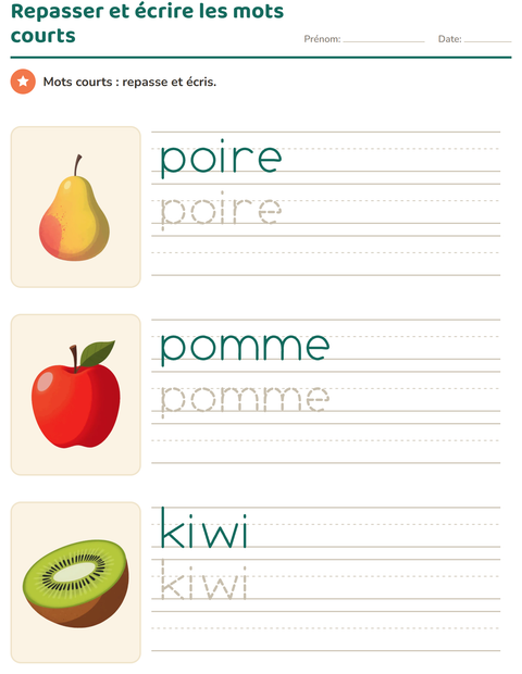 Aperçu : Repasser et écrire les mots courts : trois fruits en maternelle