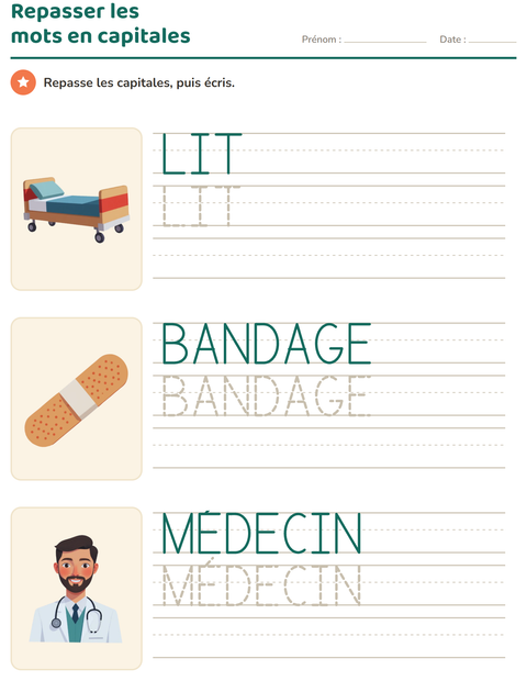 Aperçu de la fiche Écriture des mots avec Hôpital pour École maternelle (grande section, 5-7 ans)
