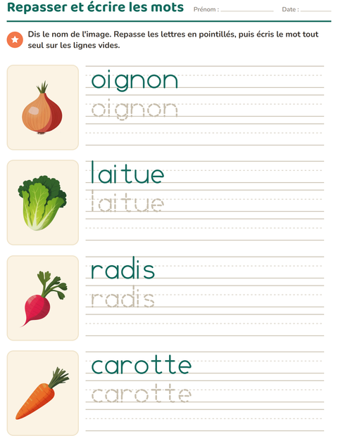 Aperçu de la fiche Écriture des mots avec Légumes pour École maternelle (grande section, 5-7 ans)