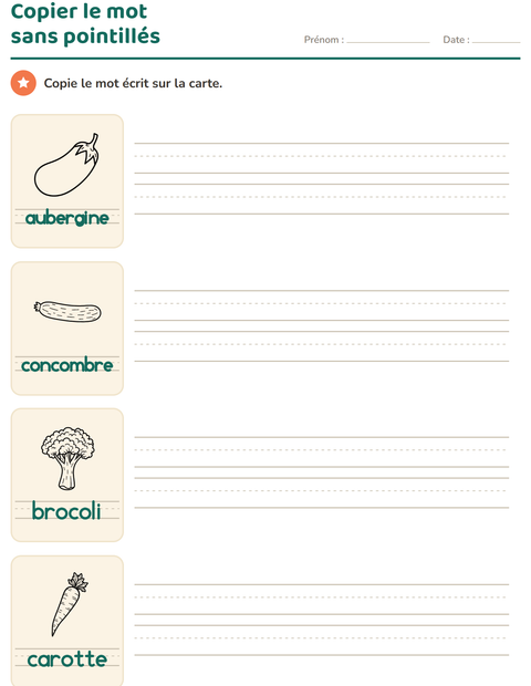 Aperçu de la fiche Écriture des mots avec Légumes NB pour École maternelle (grande section, 5-7 ans)