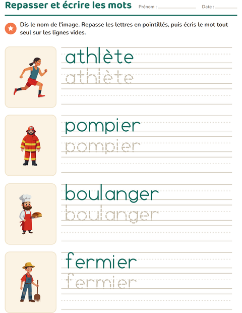 Aperçu de la fiche Écriture des mots avec Métiers pour École maternelle (grande section, 5-7 ans)