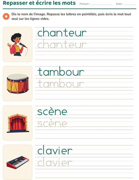 Aperçu de la fiche Écriture des mots avec Musique pour École maternelle (grande section, 5-7 ans)