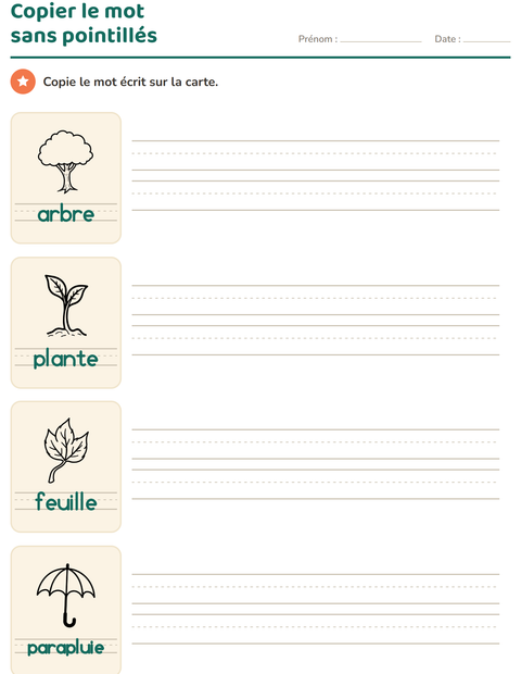 Aperçu de la fiche Écriture des mots avec Nature NB pour École maternelle (grande section, 5-7 ans)