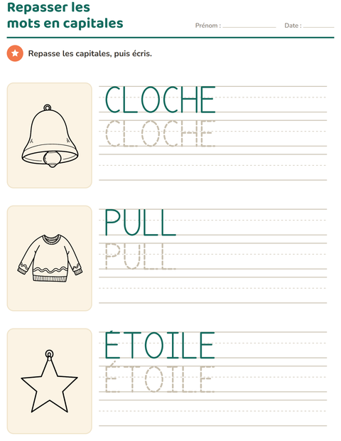 Aperçu de la fiche Écriture des mots avec Noël N&B pour École maternelle (grande section, 5-7 ans)