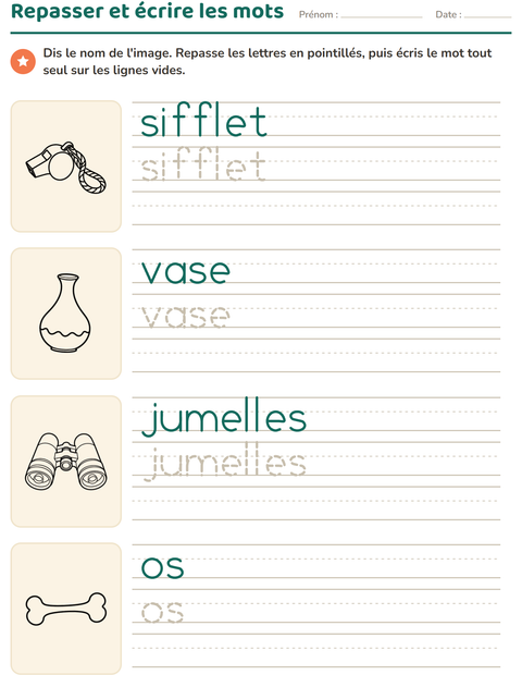 Aperçu de la fiche Écriture des mots avec Objets NB pour École maternelle (grande section, 5-7 ans)