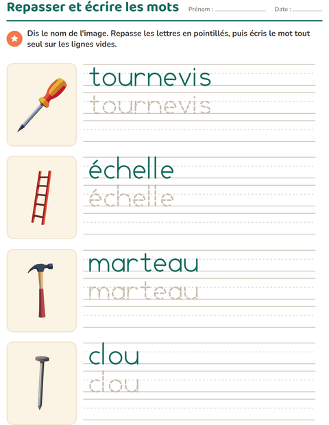 Aperçu de la fiche Écriture des mots avec Outils pour École maternelle (grande section, 5-7 ans)