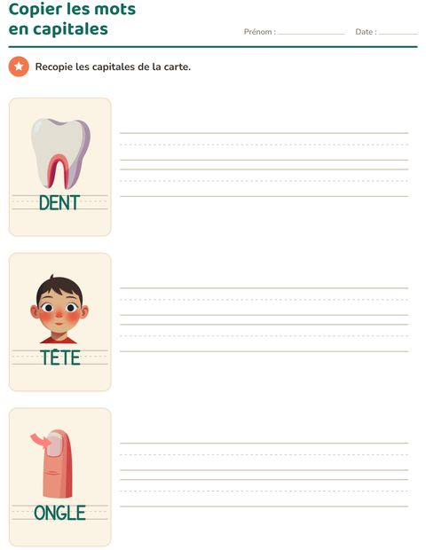 Aperçu de la fiche Écriture des mots avec Parties du corps pour École maternelle (grande section, 5-7 ans)