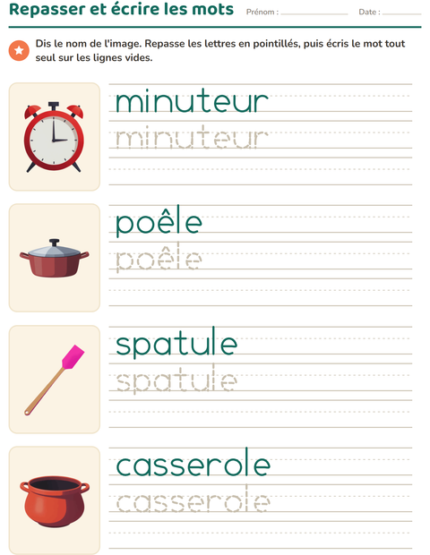 Aperçu de la fiche Écriture des mots avec Ustensiles de cuisine pour École maternelle (grande section, 5-7 ans)