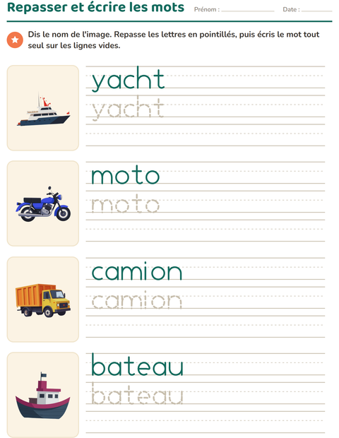 Aperçu de la fiche Écriture des mots avec Véhicules pour École maternelle (grande section, 5-7 ans)
