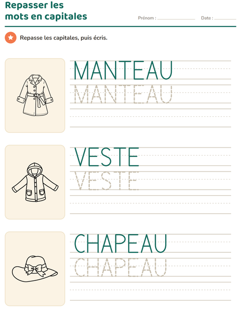 Aperçu de la fiche Écriture des mots avec Vêtements NB pour École maternelle (grande section, 5-7 ans)