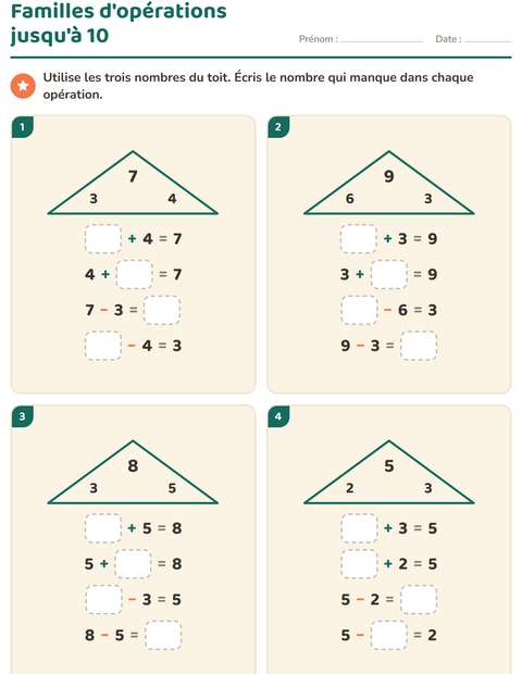 Aperçu de la fiche Familles d'opérations pour CP (cours préparatoire)
