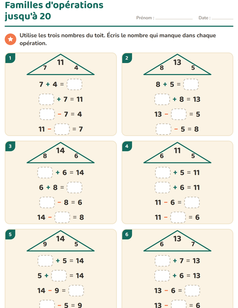 Aperçu de la fiche Familles d'opérations pour CP (cours préparatoire)