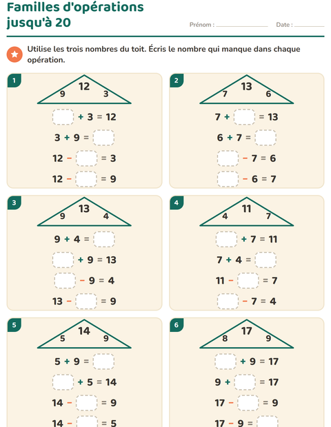 Aperçu de la fiche Familles d'opérations pour CP (cours préparatoire)