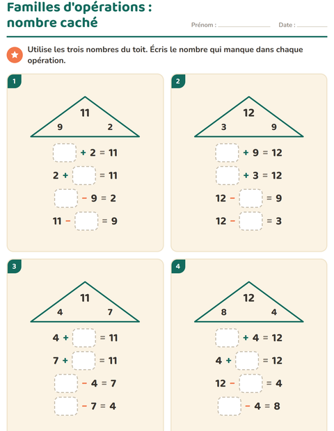 Aperçu de la fiche Familles d'opérations pour CP (cours préparatoire)