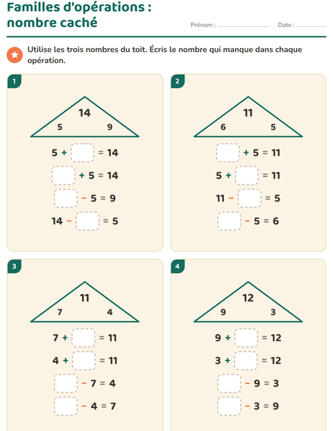 Aperçu de la fiche Familles d'opérations pour CP (cours préparatoire)