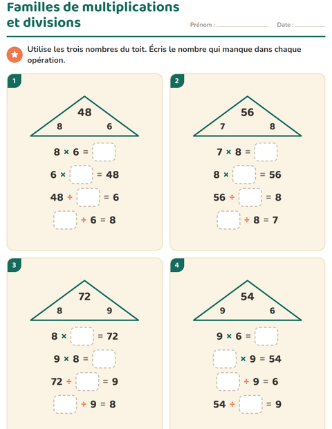 Aperçu de la fiche Familles d'opérations pour CE2 (cours élémentaire 2)