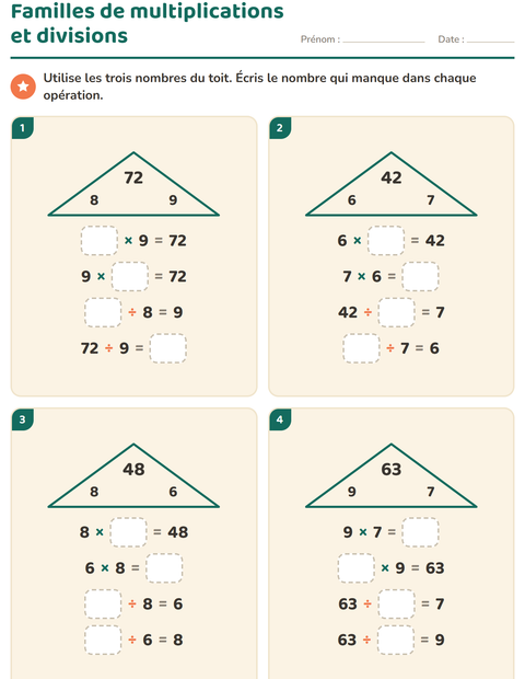 Aperçu de la fiche Familles d'opérations pour CE2 (cours élémentaire 2)