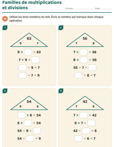 Aperçu de la fiche Familles d'opérations pour CE2 (cours élémentaire 2)