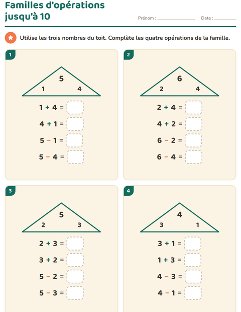 Aperçu de la fiche Familles d'opérations pour CP (cours préparatoire)