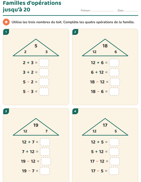 Aperçu de la fiche Familles d'opérations pour CP (cours préparatoire)