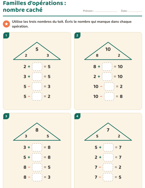 Aperçu de la fiche Familles d'opérations pour CP (cours préparatoire)