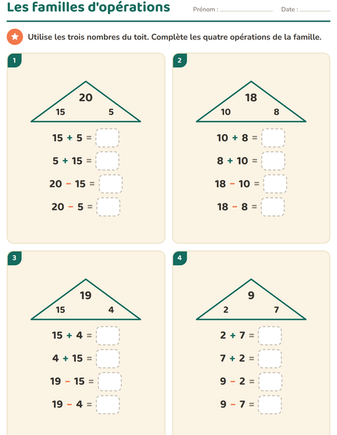Aperçu de la fiche Familles d'opérations pour CP (cours préparatoire)