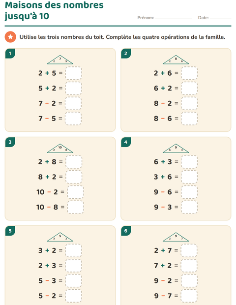 Les maisons des nombres jusqu'à 10