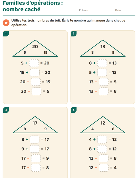 Aperçu de la fiche Familles d'opérations pour CP (cours préparatoire)