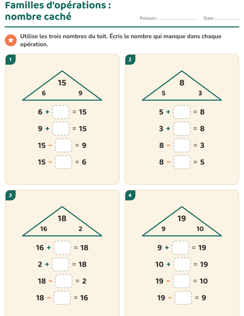 Aperçu de la fiche Familles d'opérations pour CP (cours préparatoire)