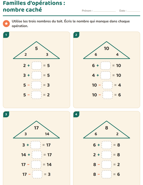 Aperçu de la fiche Familles d'opérations pour CP (cours préparatoire)