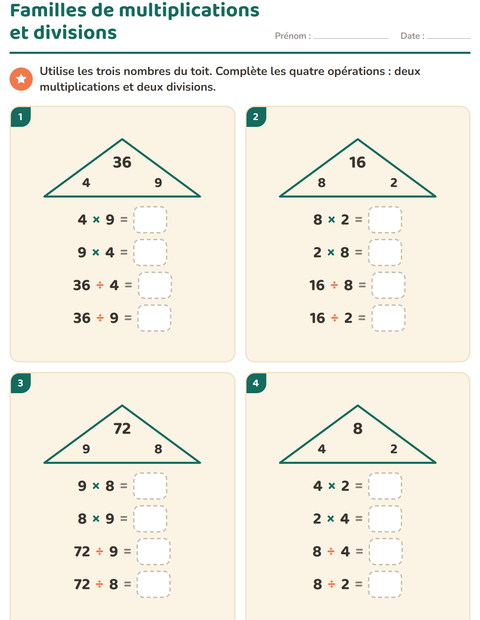 Aperçu de la fiche Familles d'opérations pour CE2 (cours élémentaire 2)