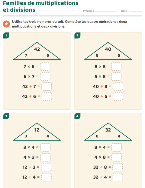 Aperçu de la fiche Familles d'opérations pour CE2 (cours élémentaire 2)