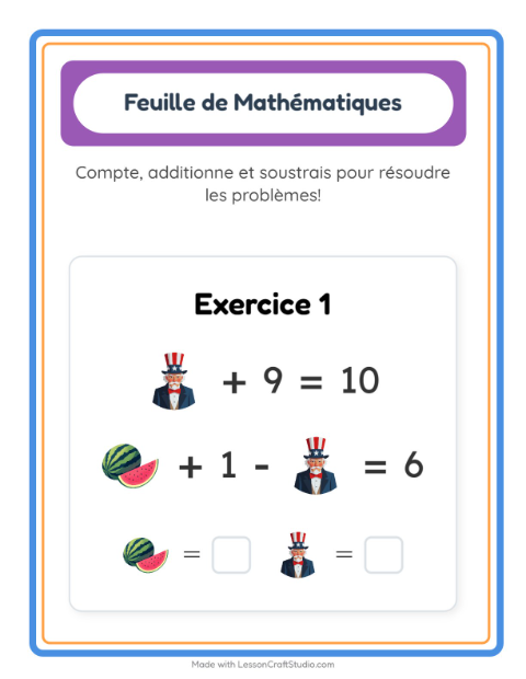 Aperçu de la fiche Fiche De Mathématiques avec 4 juillet pour École maternelle (grande section, 5-7 ans)