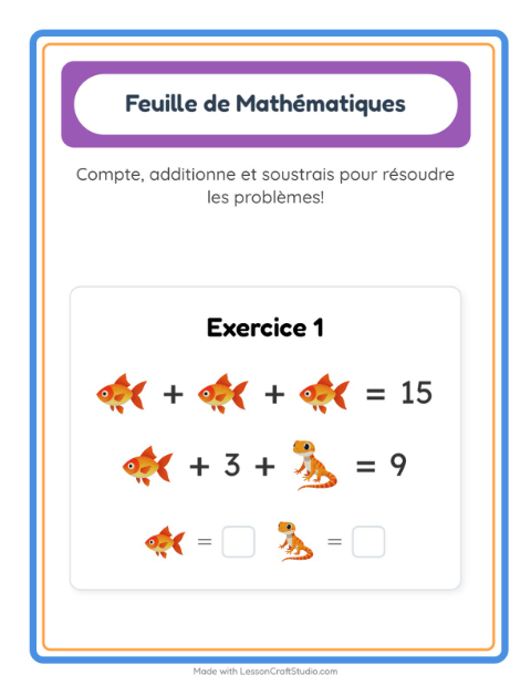 Aperçu de la fiche Fiche De Mathématiques avec Animaux de compagnie pour École maternelle (grande section, 5-7 ans)