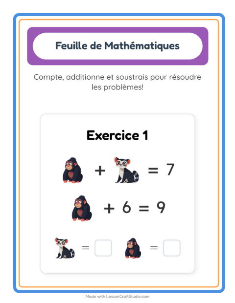 Aperçu de la fiche Fiche De Mathématiques avec Animaux du zoo pour École maternelle (grande section, 5-7 ans)