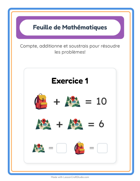 Aperçu de la fiche Fiche De Mathématiques avec Camping pour École maternelle (grande section, 5-7 ans)