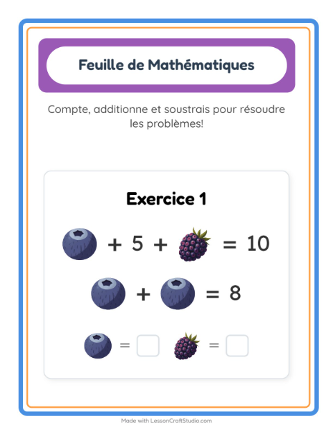 Aperçu de la fiche Fiche De Mathématiques avec Fruits pour École maternelle (grande section, 5-7 ans)