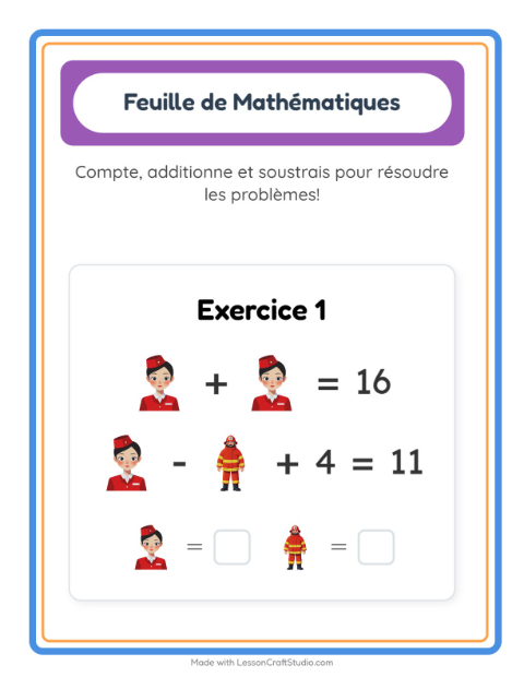 Aperçu de la fiche Fiche De Mathématiques avec Métiers pour École maternelle (grande section, 5-7 ans)
