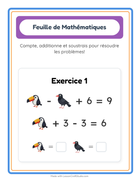 Aperçu de la fiche Fiche De Mathématiques avec Oiseaux 2 pour École maternelle (grande section, 5-7 ans)