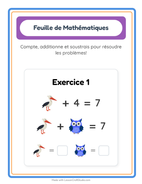 Aperçu de la fiche Fiche De Mathématiques avec Oiseaux pour École maternelle (grande section, 5-7 ans)