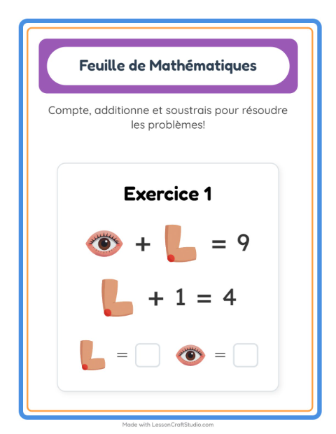 Aperçu de la fiche Fiche De Mathématiques avec Parties du corps pour École maternelle (grande section, 5-7 ans)