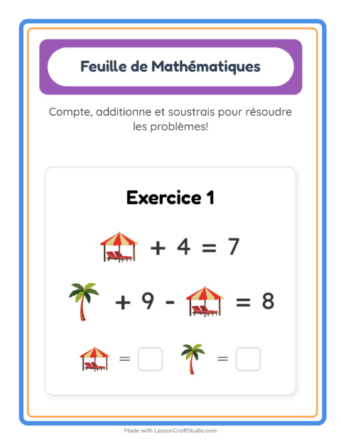 Aperçu de la fiche Fiche De Mathématiques avec Plage pour École maternelle (grande section, 5-7 ans)