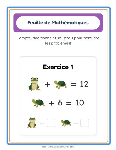 Aperçu de la fiche Fiche De Mathématiques avec Reptiles et amphibiens pour École maternelle (grande section, 5-7 ans)